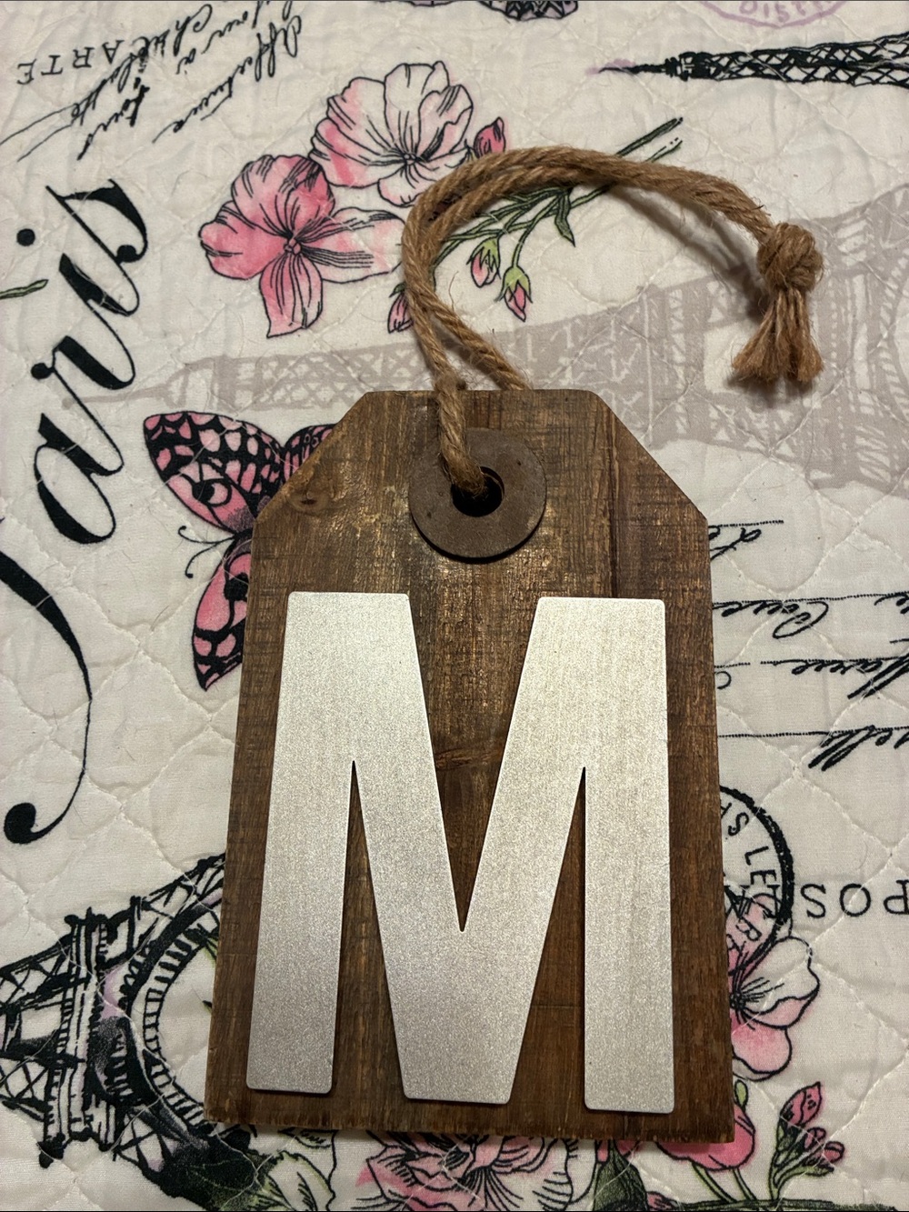 Neutral Wooden Hanging Tag with Silver Letter M
